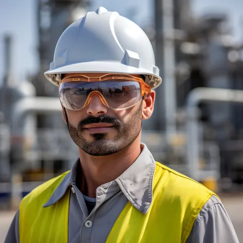 Man in a helmet and safety glasses against a backdrop of factory equipment