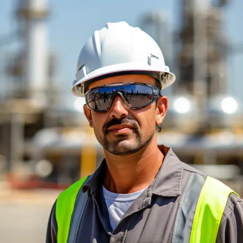Man in a helmet and dark glasses against an industrial background