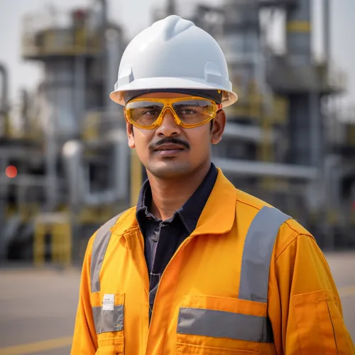 Man in an orange suit and safety goggles at a factory