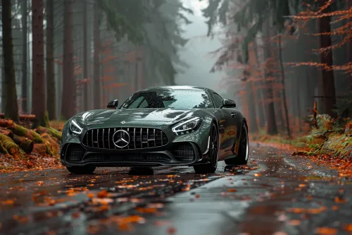 Эффектный Mercedes-AMG GT на мокрой дороге среди осеннего леса