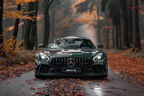 Supercoche Mercedes-AMG GT frente a árboles dorados de otoño y un bosque