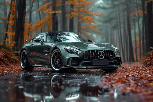 Emerald sports Mercedes against the backdrop of autumn trees and fog