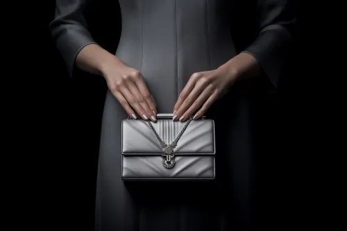 Bolso de mujer decorado con cadena sobre un fondo negro