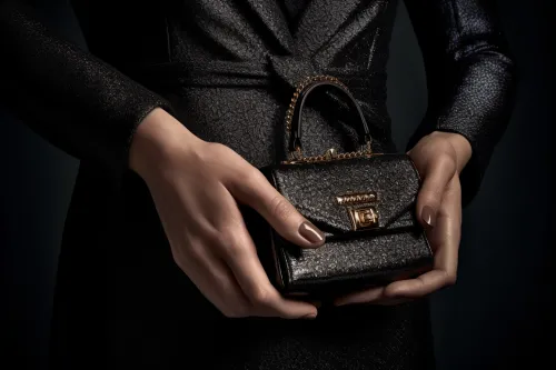 Small black handbag with gold elements in the hands of a woman in a black outfit