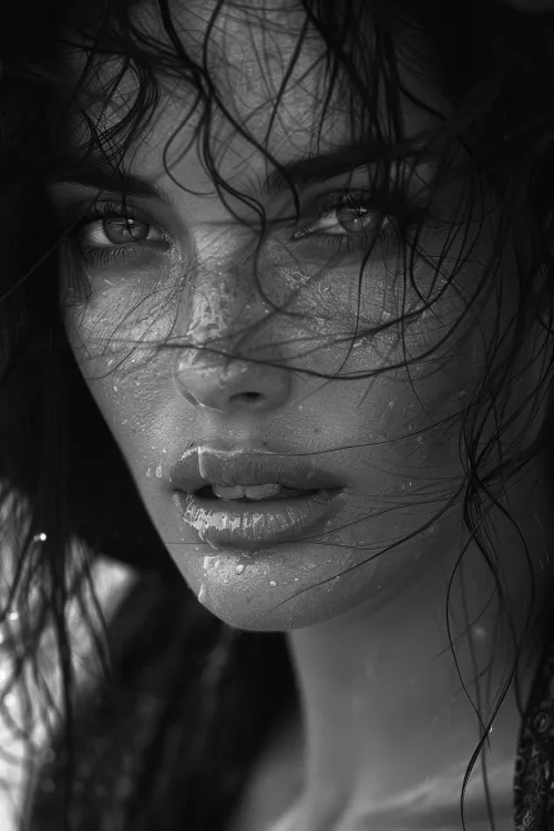 Black and white portrait of a girl with water droplets on her face and hair