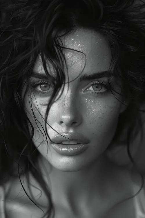 Young woman with curly hair looking at the camera in a black and white style
