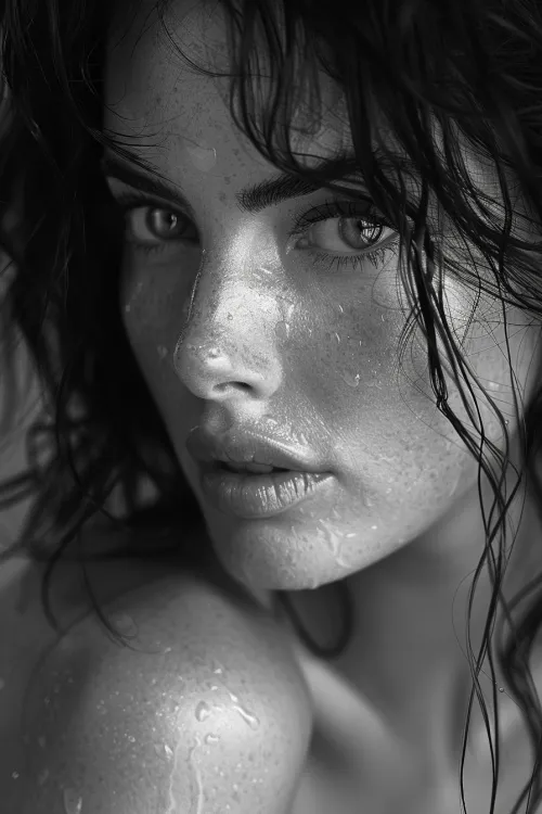 Close-up of a young woman's face with wet skin and an authentic gaze