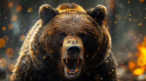 Bear with its mouth open against a backdrop of rain and fire