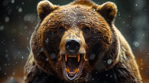 Un oso ruge en el bosque invernal con copos de nieve cayendo de fondo