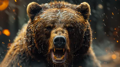 Retrato detallado de un oso amenazante en la naturaleza bajo la lluvia