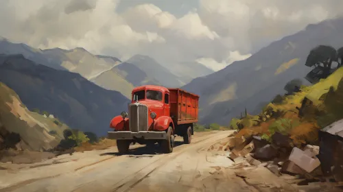 Camión rojo clásico en una pintoresca carretera de montaña