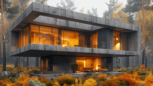 Stylish house with concrete architecture surrounded by an autumn forest