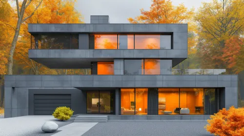 Stylish house with large windows and orange lighting against the backdrop of an autumn landscape