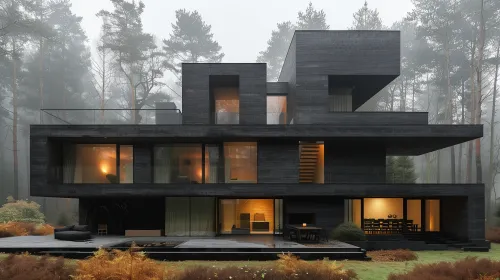 Elegant black house surrounded by trees in dense fog