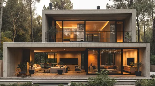 Elegant Two-Story House with Panoramic Windows Surrounded by Forest