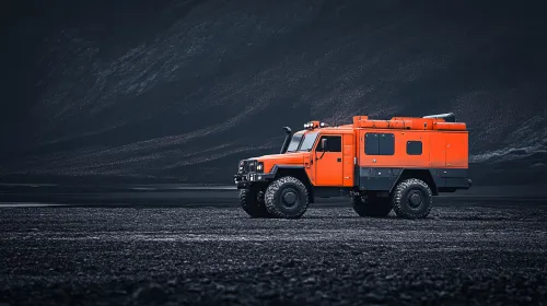 Todoterreno naranja brillante sobre rocas negras y tierra