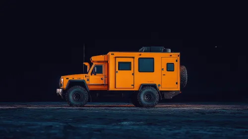 Vehículo todoterreno de color naranja en un entorno oscuro