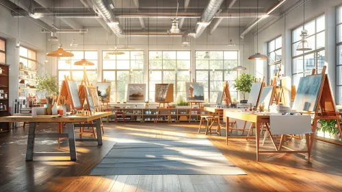 Spacious art studio with lighting and art supplies