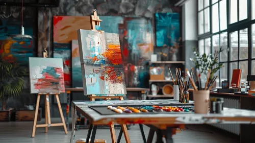 Interiores del estudio de un artista con coloridas pinturas abstractas en las paredes