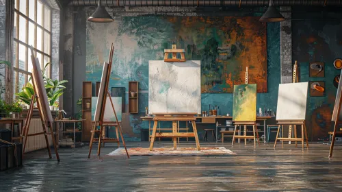 Espacioso taller con lienzos e instrumentos de pintura