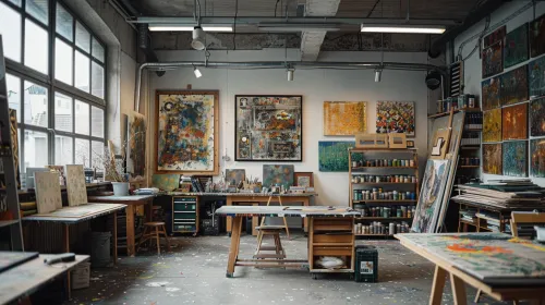 Interior of the artist's studio with paintings on the walls and tables