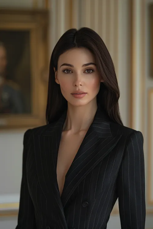 Woman with long dark hair in a strict black suit
