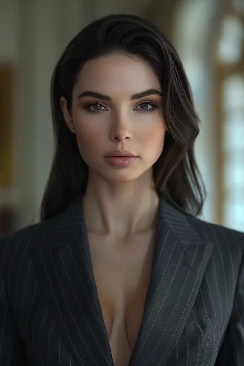 Woman with long hair in a suit, looking at the camera