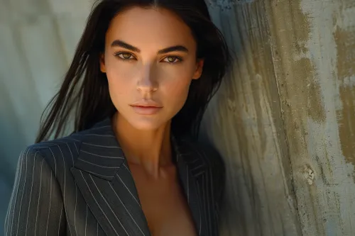 Expression and style: a young woman with long hair in a strict suit