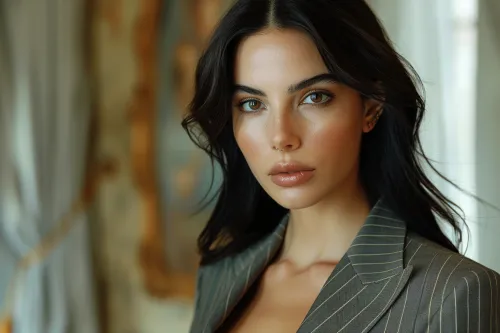 Woman with long hair in a striped business suit
