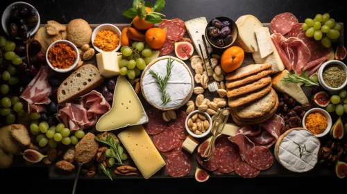 A sturdy board filled with cheeses, meat delicacies, and fruits