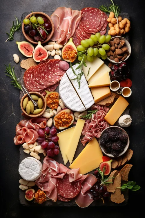 Aesthetic composition of various cheeses and meat products on a dark board