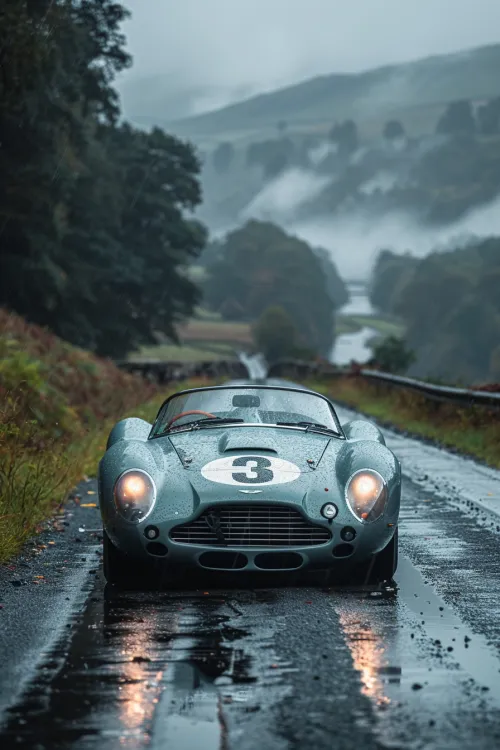 Aston Martin car on a wet road amidst nature in fog