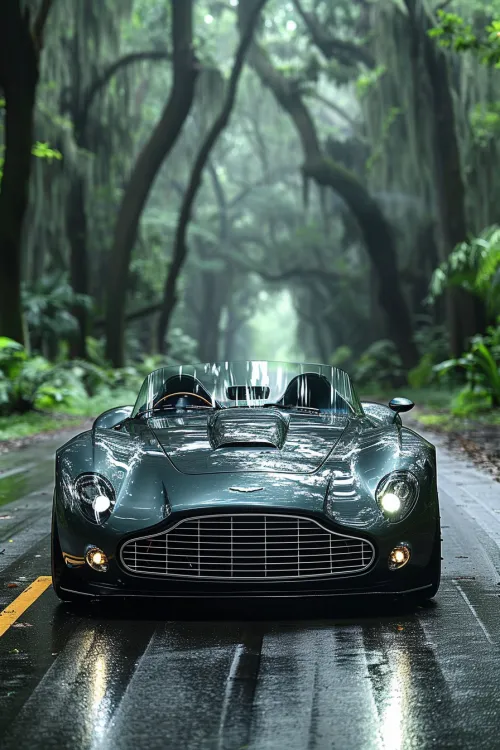 Automóvil moderno Aston Martin en una carretera mojada en un bosque verde