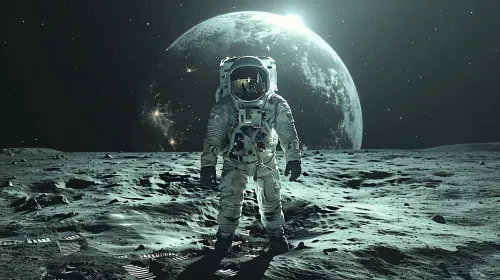 Astronauta de pie en la luna con el planeta Tierra visible de fondo