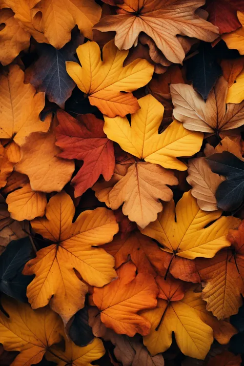 Lecho de hojas de otoño que brillan en colores cálidos