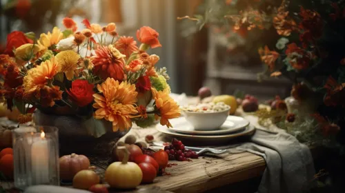 Hermoso bodegón otoñal con flores, frutas y aperitivos