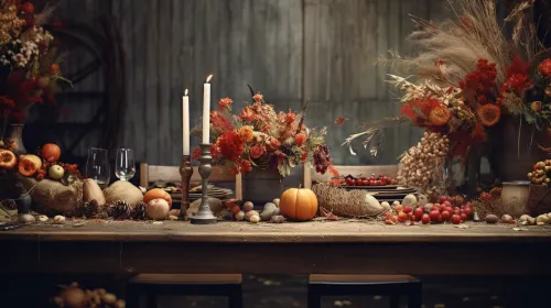 Beautifully arranged table with autumn fruits and flowers