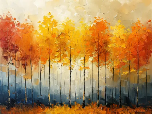 Painting of autumn trees drawn in bright colors