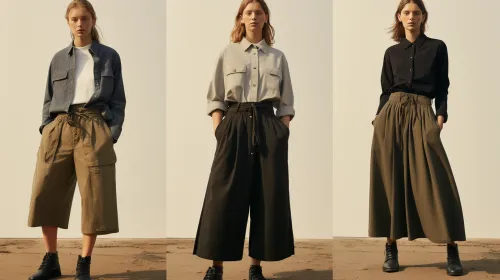 The model showcases three clothing styles in neutral colors