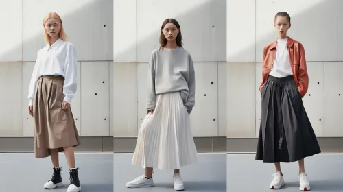 Women's Fashion: Three Looks with Different Skirts and Tunics