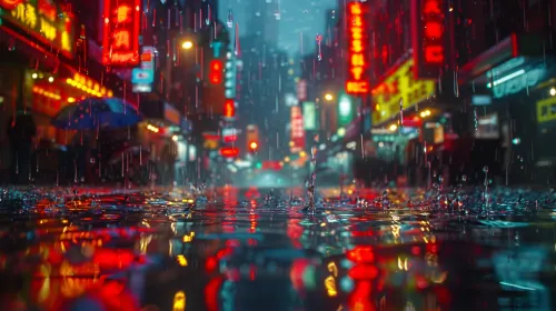 City street with reflections on wet surface during rain