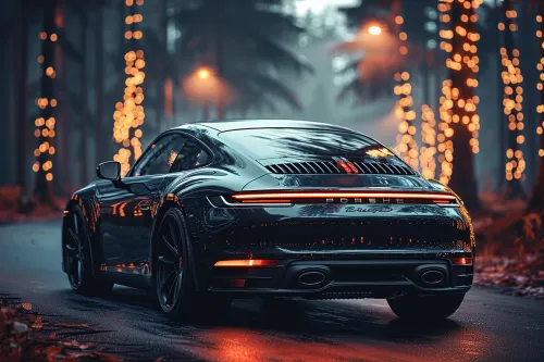 Спокойная сцена с черным Porsche в лесу, украшенном огнями