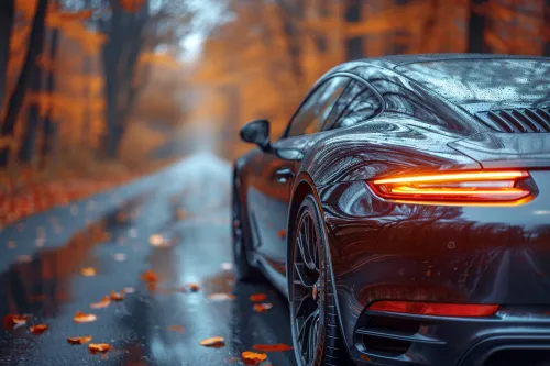 Elegant black sports car against the backdrop of autumn scenery with fallen leaves