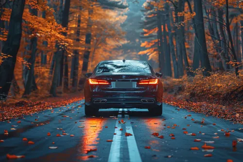 Beautiful Black Car Against the Backdrop of Autumn Trees