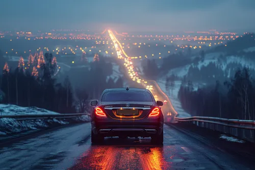 Sedán negro en un camino nevado con luces de la ciudad de fondo