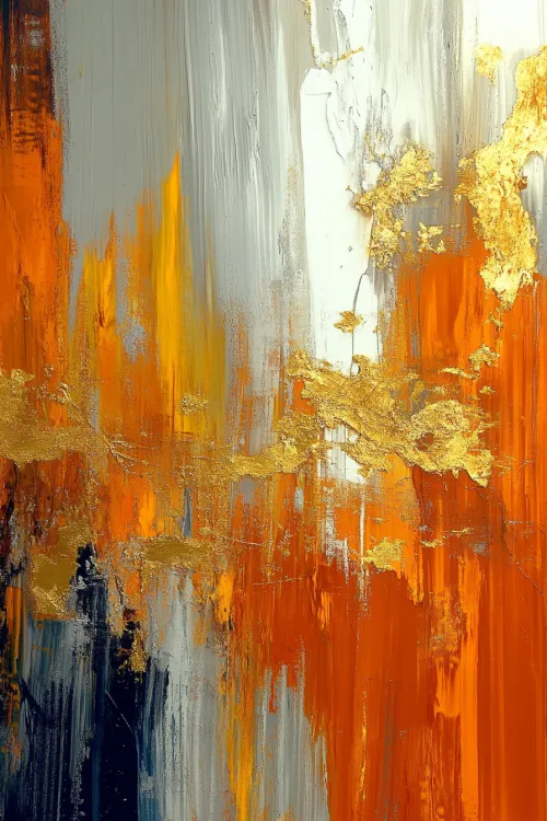 Bright abstract painting with shades of gray, orange, and gold