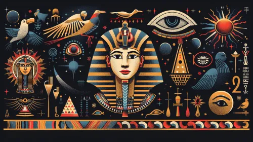 Ilustración con símbolos del antiguo Egipto y figuras mitológicas
