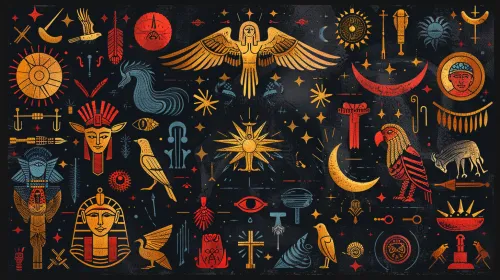 Ilustración con símbolos del antiguo Egipto, como aves y dioses