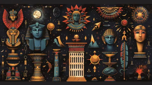Representación gráfica de símbolos, estatuas y elementos arquitectónicos del Antiguo Egipto