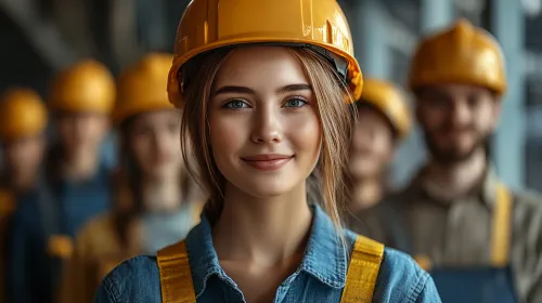 Молодая женщина с каской и улыбающиеся коллеги на фоне